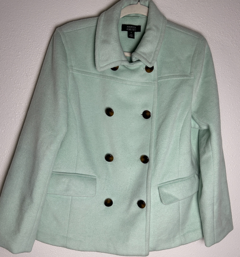 Halogen X Atlantic-Pacific Short Double Breasted Wool Coat Green Mist Sz Large